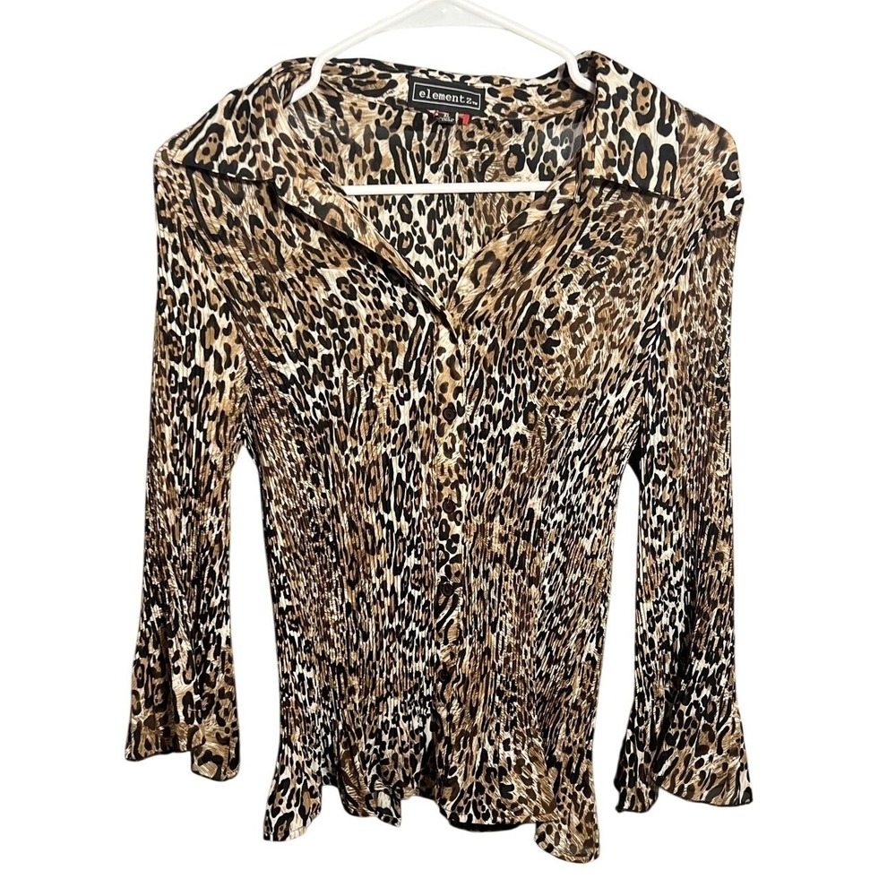 Elementz Women's XL Leopard Print Pleated Button Up Blouse Top Animal Print